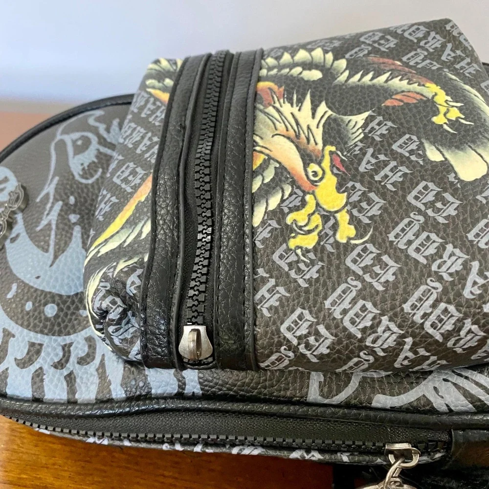 Ed Hardy Sling Bag Crossbody Backpack Black Vegan Leather Eagle Tattoo NWT